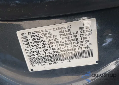 2005 Honda Odyssey Touring from USA, damaged, VIN 5FNRL38825B008667